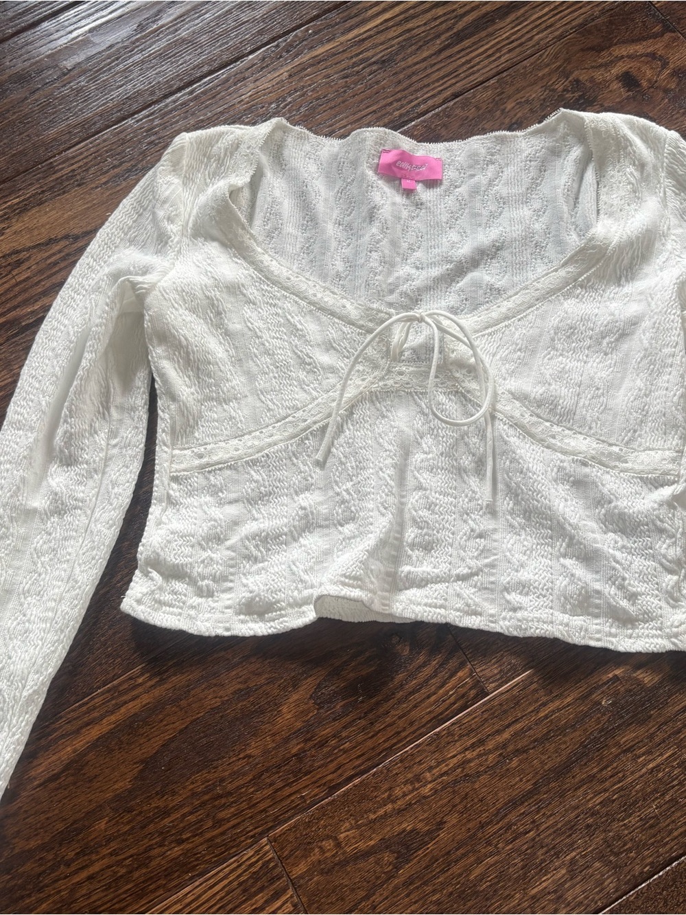 Edikted White Lace-Effect Tie-Front Long Sleeve Top